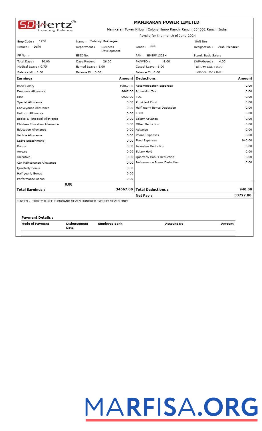 Printable Manikaran Power payslip template